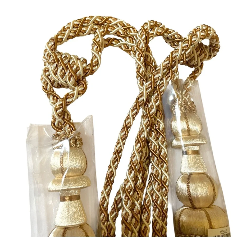 Elegant Gold and White Curtain Tiebacks Heavy Cord Long Full Tassel